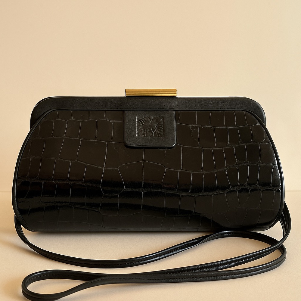 Vintage Anne Klein 80’s 90’s black Crocodile embossed genuine leather bag